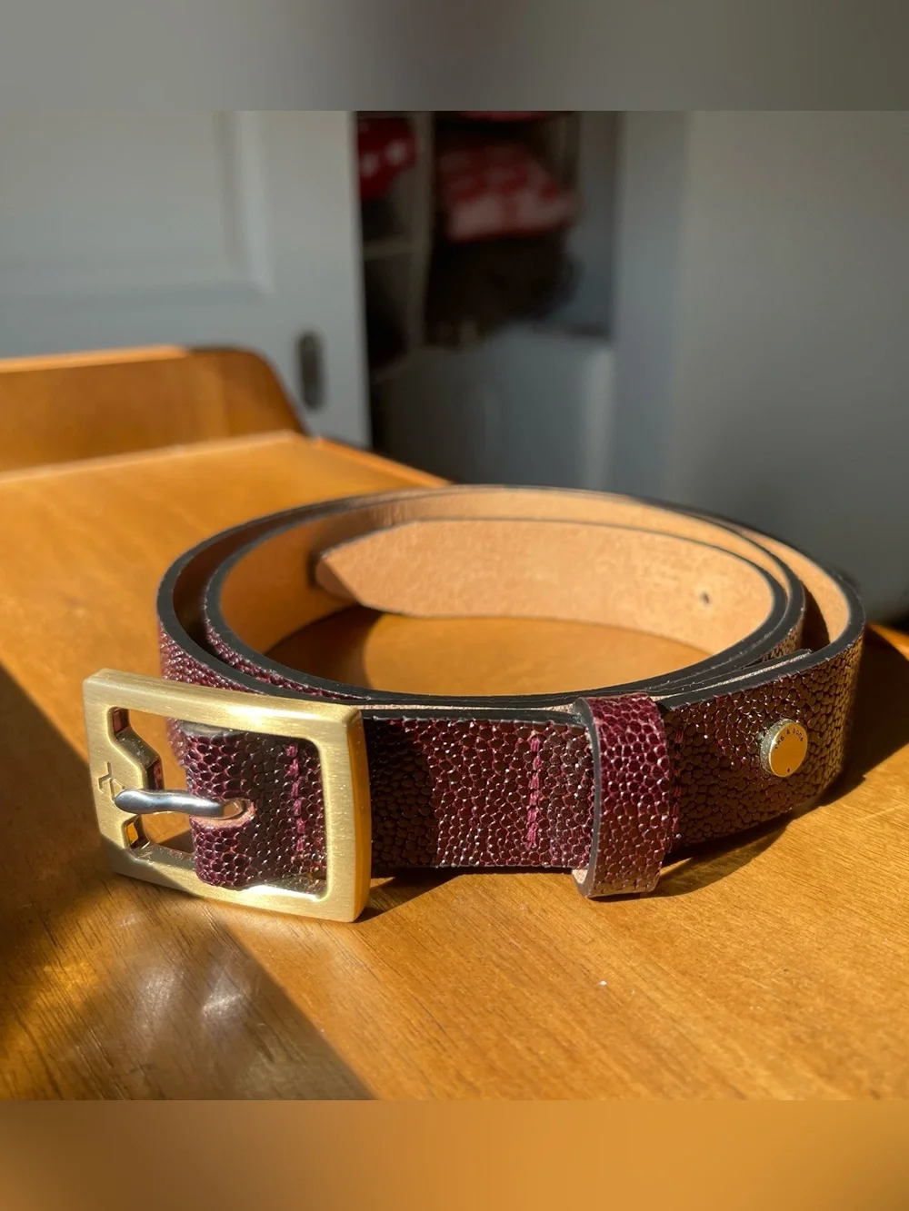 rag & bone Baby Boyfriend 2.0 Burgundy Textured Leather belt, two-tone buckle.